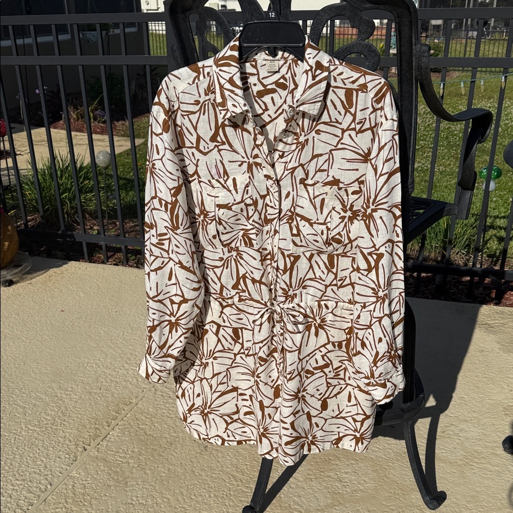 Magaschoni White and Brown Abstract Floral Romper